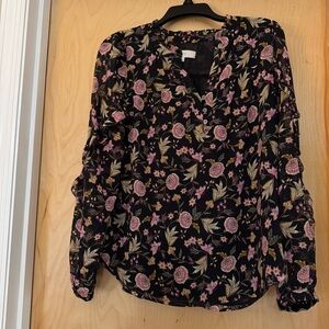 LOFT Black and Pink Floral Blouse